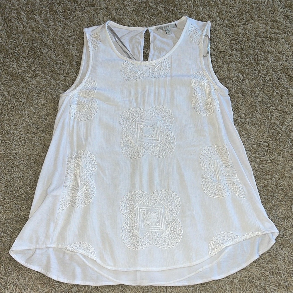 Flowy White Pointelle Tank Top with Keyhole Back Closure